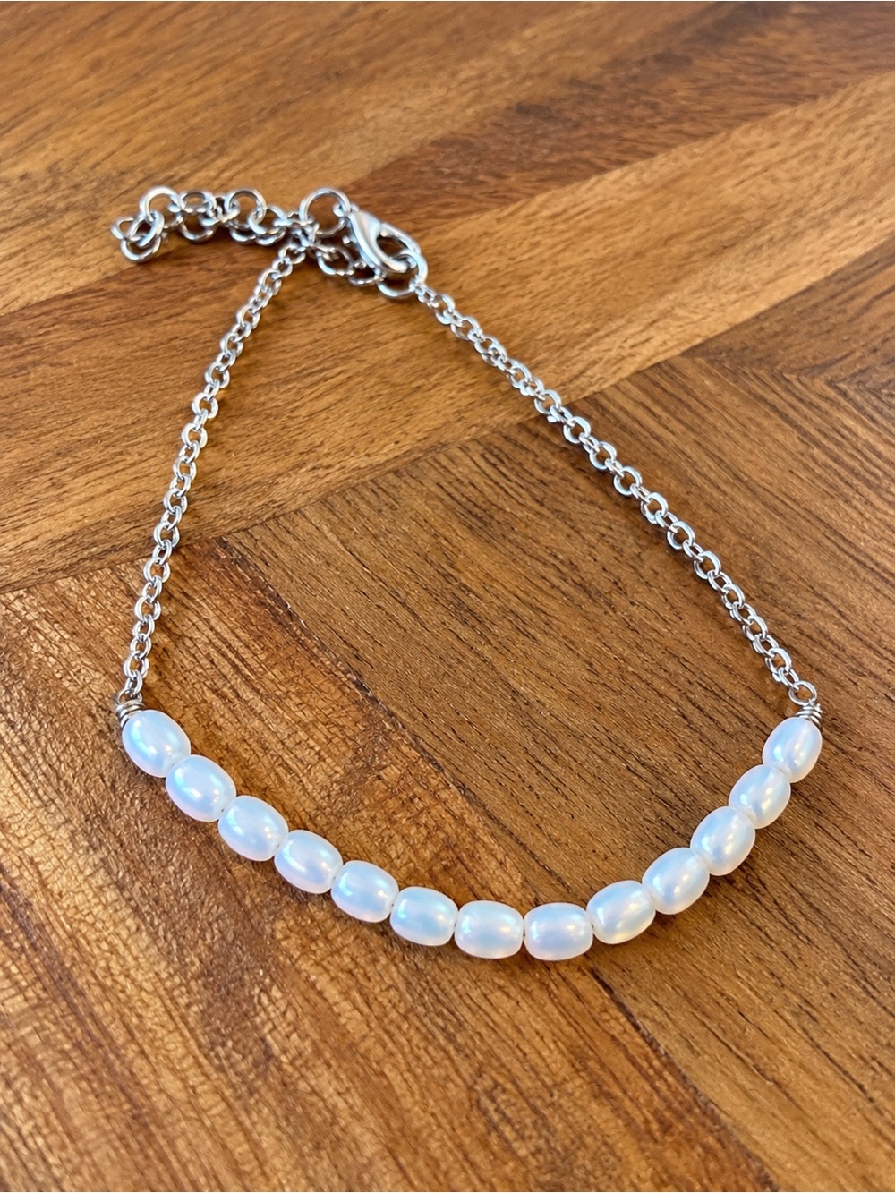 Opalite Beaded Bracelet Silver Tone Chain Adjustable Iridescent White Minimalist